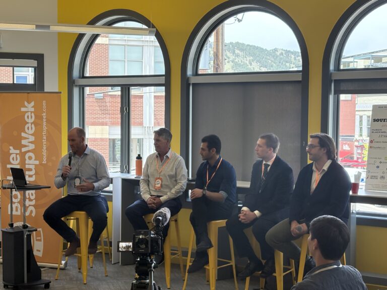 From left: Icarus Quantum CEO Poolad Imany, Mesa Quantum physicist and chief of staff Austin Granmoe, Infleqtion portfolio lead Robert Fasano and CO-LABS executive director Dan Powers participated in a Boulder Startup week panel discussion Tuesday on quantum technology moderated by CBRE vice president Brian McClenahan.